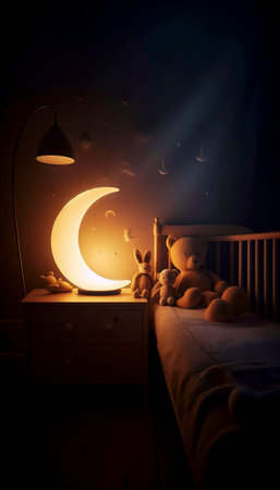 A gentle nightlight shaped like a moon, casting a soft glow on a sleeping toddlers stuffed animals,...