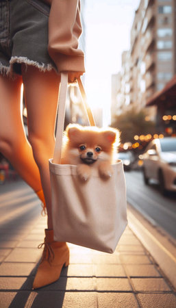 A playful shot of a small dog peeking out from a stylish canvas tote bag on a city street, Ai generated imageの写真素材