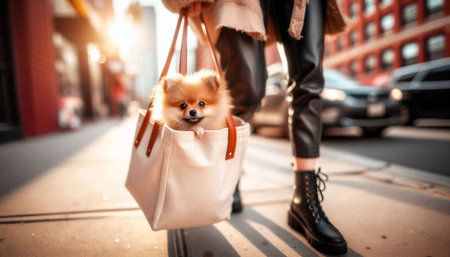 A playful shot of a small dog peeking out from a stylish canvas tote bag on a city street, Ai generated imageの写真素材