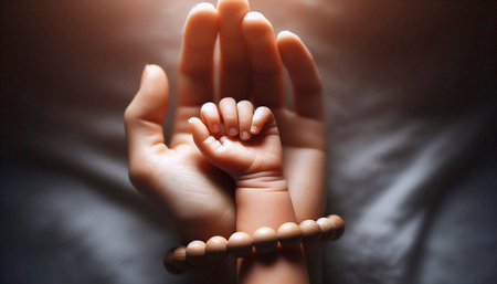 A babys tiny hand gripping an adults finger, both adorned with a simple, matching beaded bracelet, Ai generated imageの写真素材