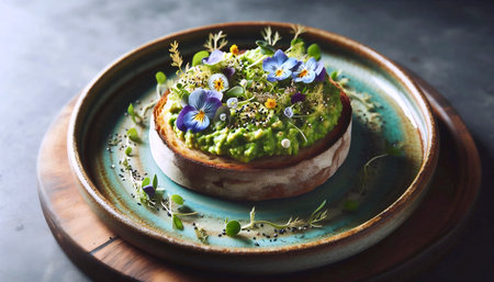 A small, round avocado toast with edible flowers and sesame seeds on a handmade pottery plate, Ai...