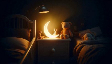 A gentle nightlight shaped like a moon, casting a soft glow on a sleeping toddlers stuffed animals, Ai generated imageの写真素材