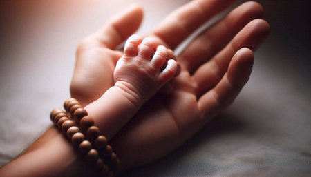 A babys tiny hand gripping an adults finger, both adorned with a simple, matching beaded bracelet,...