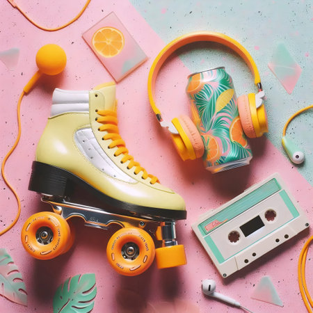 A playful flat lay of roller skates and a tropical fruit soda can on a pink terrazzo floor, Ai...