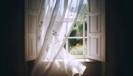 A pair of embroidered linen curtains blowing gently in the breeze from an open window, revealing a...