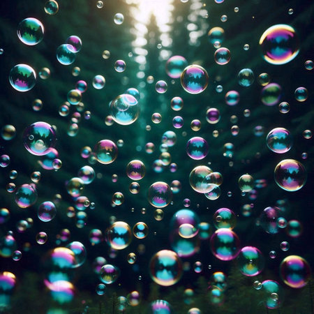 A whimsical shot of colorful, translucent soap bubbles floating against a dark green forest...