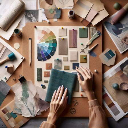 A creative directors hands arrange mood board materials: fabric swatches, paint chips, and inspirational prints, Ai generated imageの写真素材