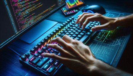 A skilled developers hands code efficiently on a mechanical keyboard with a vibrant, colorful macro...