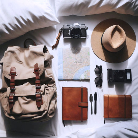 A backpackers essential gear laid out on a hostel bed before a day of exploration: map, hat,...