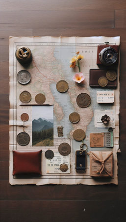A collection of treasured travel souvenirs laid out on a map: tickets, coins, a keychain, and a dried flower, Ai generated imageの写真素材
