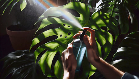 A person misting their large, leafy Monstera plant with a glass spray bottle, Ai generated image