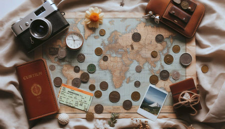 A collection of treasured travel souvenirs laid out on a map: tickets, coins, a keychain, and a dried flower, Ai generated imageの写真素材