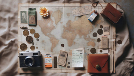 A collection of treasured travel souvenirs laid out on a map: tickets, coins, a keychain, and a dried flower, Ai generated imageの写真素材