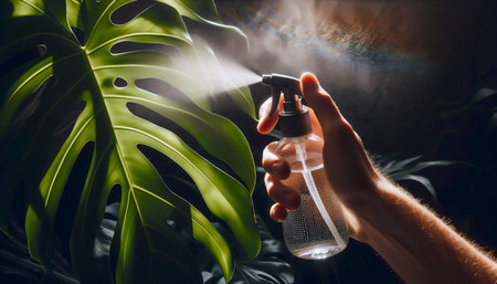 A happy plant parent misting their large, leafy Monstera plant with a glass spray bottle, Ai generated imageの写真素材