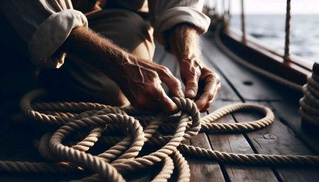 A weathered sailors hands tying a complex knot on a rope aboard a traditional wooden sailing boat, Ai generated imageの写真素材
