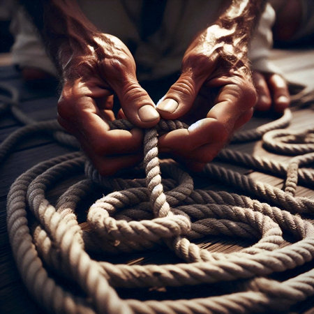 A weathered sailors hands tying a complex knot on a rope aboard a traditional wooden sailing boat