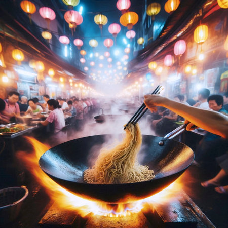 A local street food vendors hands preparing a traditional dish in a bustling Asian night market, Ai...