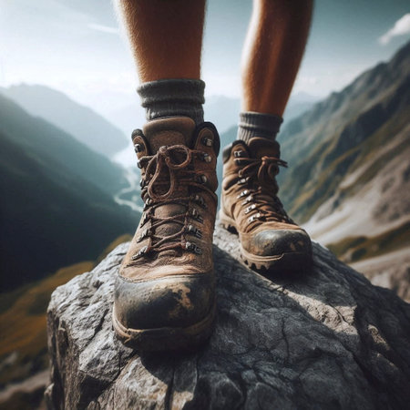 Hiking boots, dusty and worn, resting on a rocky mountain summit with a vast valley below, Ai...