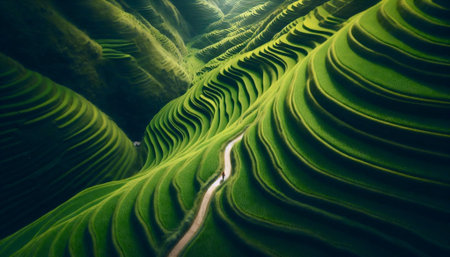 A breathtaking drones-eye view of a lone traveler walking a winding path through a vibrant, green rice terrace, Ai generated imageの写真素材