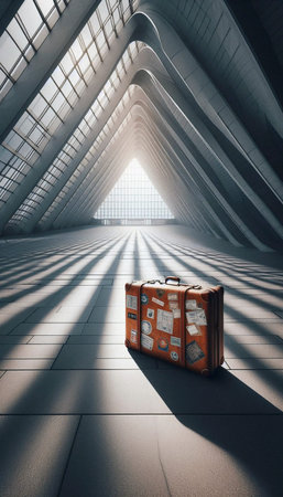 A single, elegant suitcase with vintage travel stickers sits in the middle of a sun-drenched, tiled airport terminal, Ai generated imageの写真素材