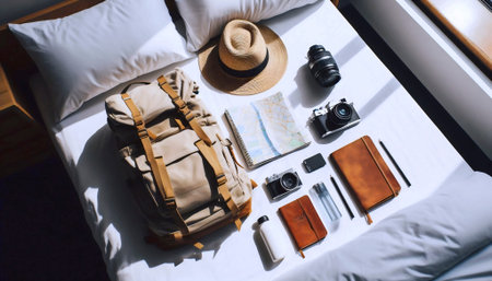 A backpackers essential gear laid out on a hostel bed before a day of exploration: map, hat,...