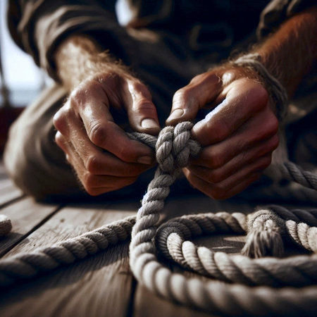 A weathered sailors hands tying a complex knot on a rope aboard a traditional wooden sailing boat,...