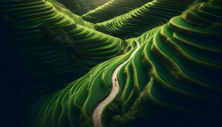 A breathtaking drones-eye view of a lone traveler walking a winding path through a vibrant, green rice terrace, Ai generated imageの写真素材