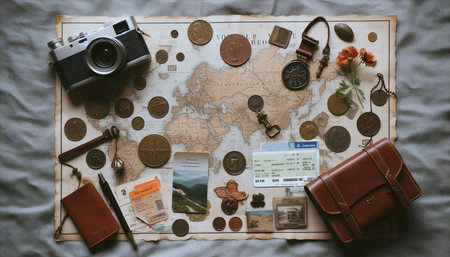A collection of treasured travel souvenirs laid out on a map: tickets, coins, a keychain, and a dried flower, Ai generated imageの写真素材