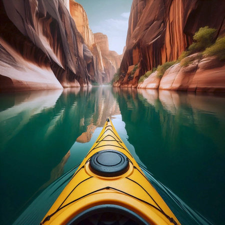 A kayakers perspective: the bow of the kayak cutting through perfectly still, reflective water in a narrow canyon, Ai generated imageの写真素材