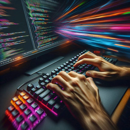 A skilled developers hands code efficiently on a mechanical keyboard with a vibrant, colorful macro...