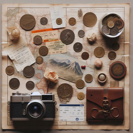 A collection of treasured travel souvenirs laid out on a map: tickets, coins, a keychain, and a...