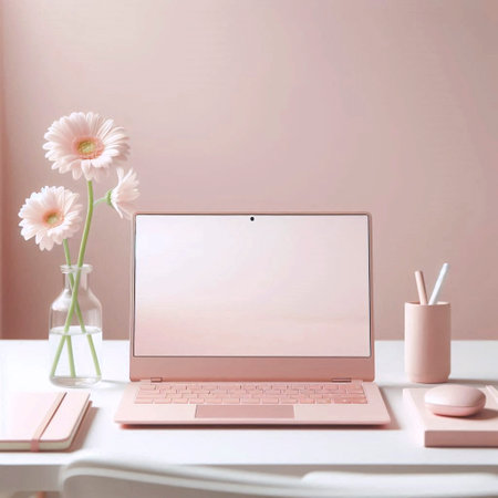 A minimalist workspace with a pastel pink laptop, a single daisy in a glass, and a sleek notebook, Ai generated imageの写真素材
