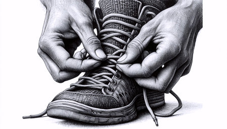 Hands Tying Shoelaces ink drawing art print, Ai generated image