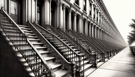 A Row of Brownstone Steps and Railings ink drawing art print, Ai generated image