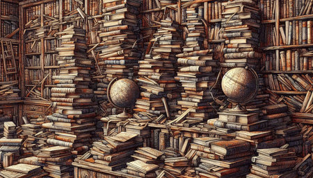 A Chaotic Bookshelf ink drawing art print, Ai generated image