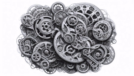 A Steampunk Gears ink drawing art print on black, Ai generated image