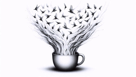 A Cup Releasing a Flock ink drawing art print on black, Ai generated imageの写真素材