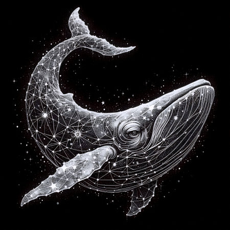 A Cosmic Whale ink drawing art print on black, Ai generated imageの写真素材