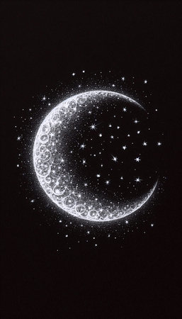 A Crescent Moon and Stars ink drawing art print on black, Ai generated imageの写真素材