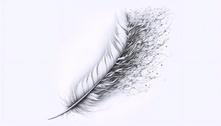 A Feather Dissolving into Wind ink drawing art print on black, Ai generated imageの写真素材