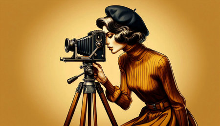 A pin-up girl with a vintage camera, taking a photograph, Ai generated image