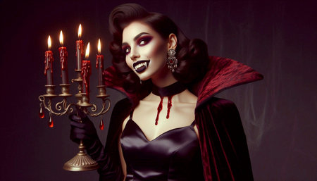 A pin-up girl dressed as a vampire for Halloween, holding a candelabra, Ai generated imageの写真素材