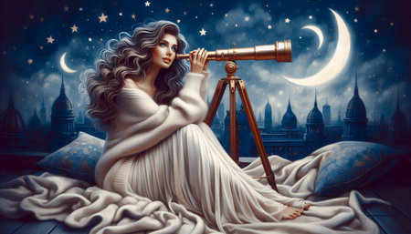A pin-up girl with a telescope, stargazing from a rooftop, Ai generated imageの写真素材