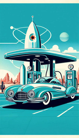 A streamlined atomic car with giant tail fins parked at a retro-futuristic gas station on a desert...