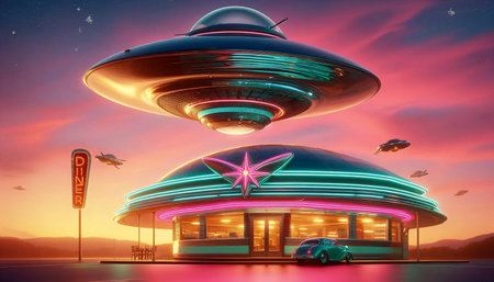 A sleek atomic-age flying saucer hovering above a Googie-style diner at dusk, Ai generated image
