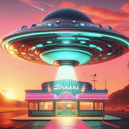 A sleek atomic-age flying saucer hovering above a Googie-style diner at dusk, Ai generated image