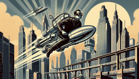 A personal jetpack commuter soaring between monolithic skyscrapers in a retro-futuristic metropolis,...