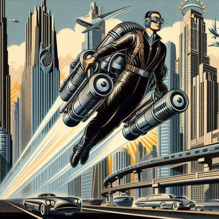 A personal jetpack commuter soaring between monolithic skyscrapers in a retro-futuristic metropolis,...