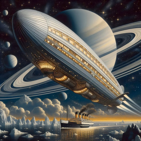 A massive luxury space dirigible cruising through the rings of Saturn, Ai generated imageの写真素材