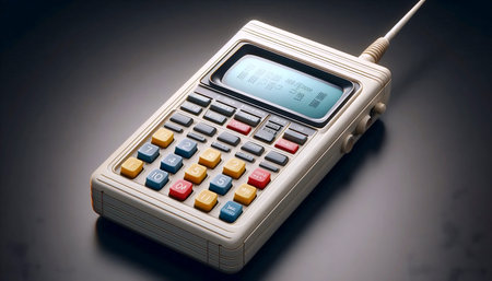 A personal communicator device, a flip-open clamshell with a small screen and colorful rectangular...